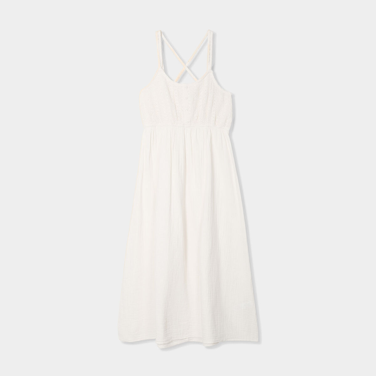 Robe longue buste macram&eacute; gaze de coton creme femme