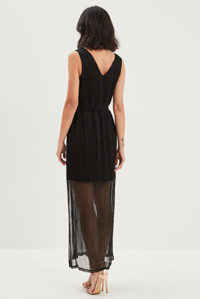 Robe longue fils métallisés à bretelles noir femme