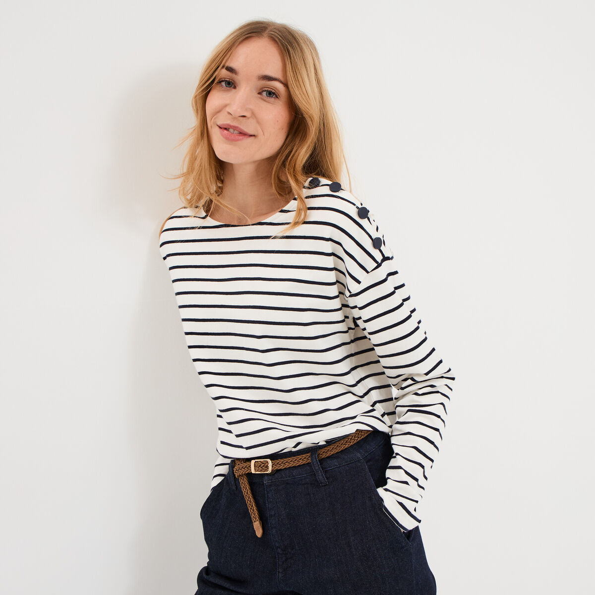 T-shirt marini&egrave;re col rond avec boutons ecru femme