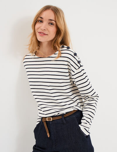 T-shirt marini&egrave;re col rond avec boutons ecru femme