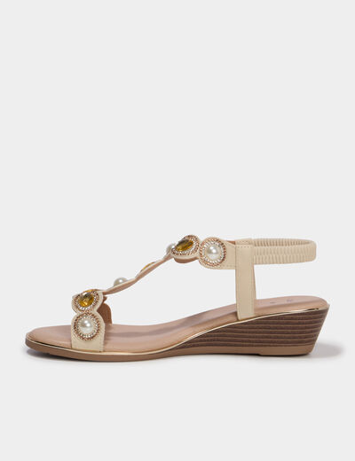 Sandales compens&eacute;es 5 cm d&eacute;tails bijoux blanc femme
