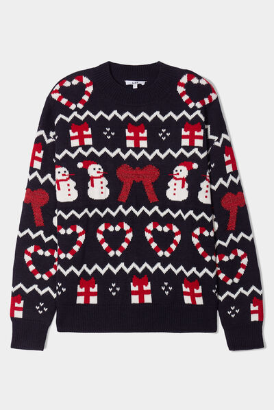 Pull de Noël manches longues et col rond bleu marine femme