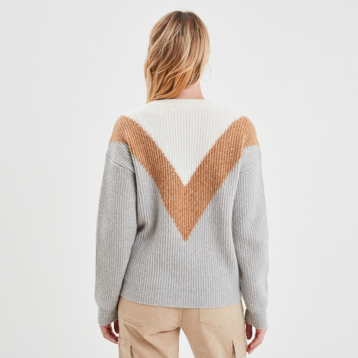 Pull manches longues col rond gris clair femme