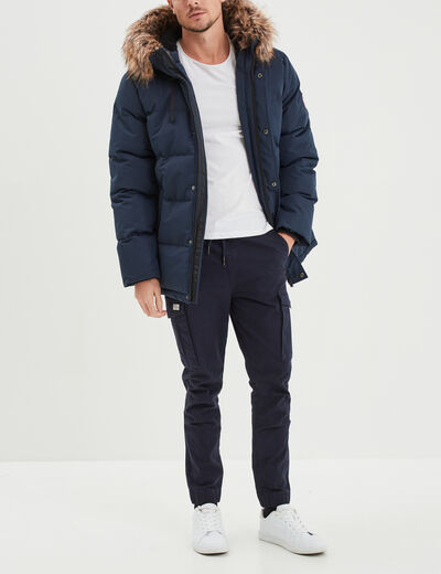 Parka capuche fausse fourrure amovible bleu marine homme