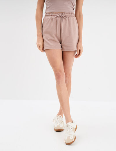 Short de jogging taille élastiquée marron clair femme