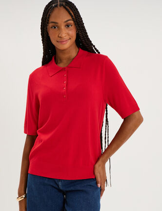 Pull col polo manches courtes rouge femme