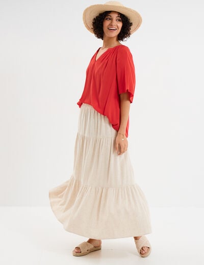 Blouse manches papillons col tunisien rouge femme