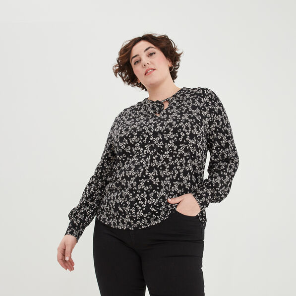 t shirt col a cordons manches longues noir femmegt T-shirt col à cordons manches longues noir femme grande taille