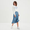 Jupe midi satinée évasée bleu gris femme