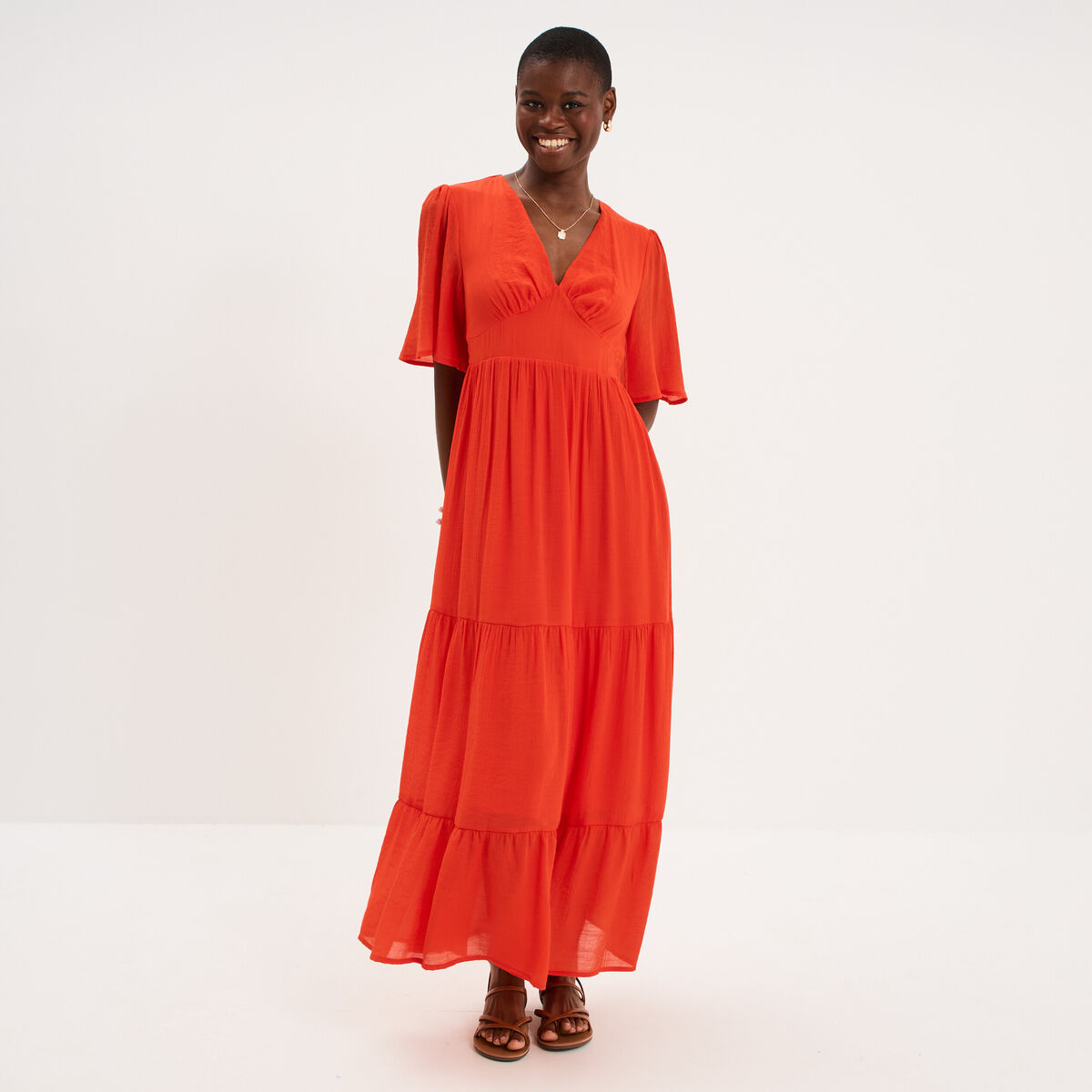 Robe longue fluide &agrave; volants orange fonc&eacute; femme