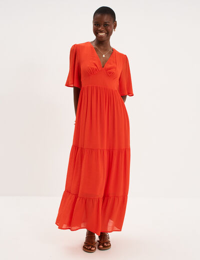 Robe longue fluide &agrave; volants orange fonc&eacute; femme