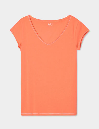 T-shirt col V ajusté manches courtes rose corail femme