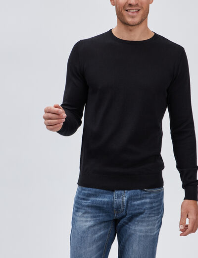 Pull droit col rond coton m&eacute;lang&eacute; noir homme