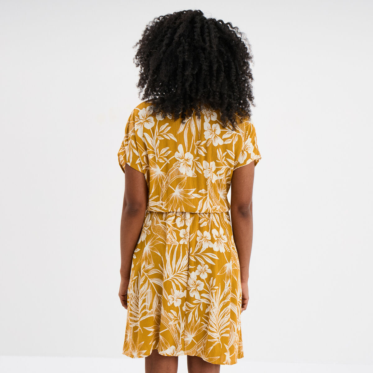 Robe caftant courte col en V jaune or femme