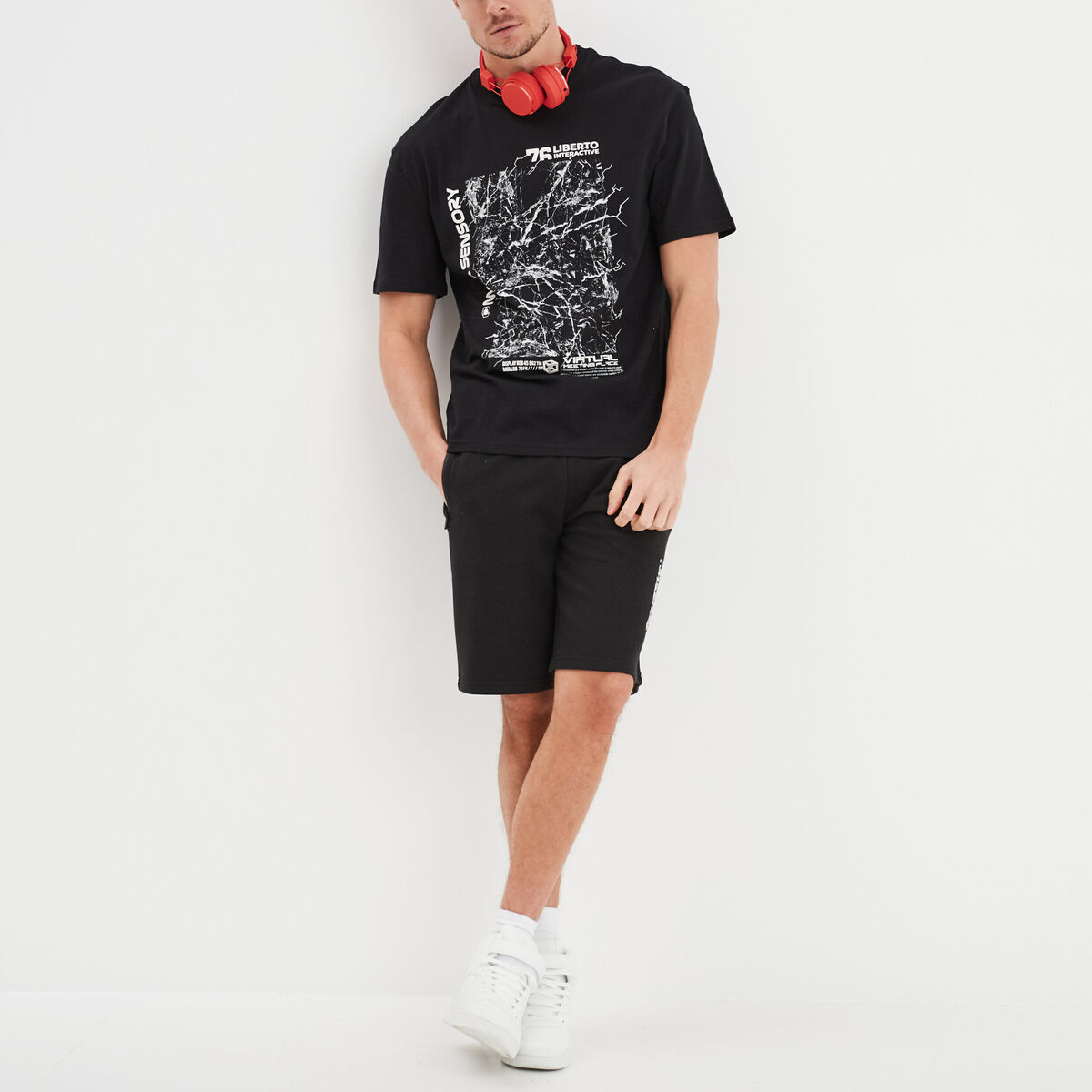 Short jogging droit avec poches zippées noir homme