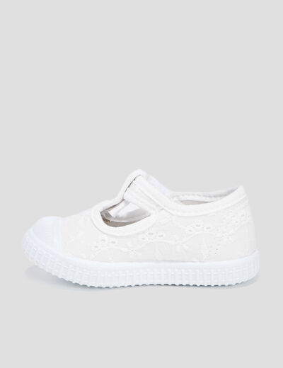Salom&eacute; en toile brod&eacute;es semelle souple blanc b&eacute;b&eacute; fille