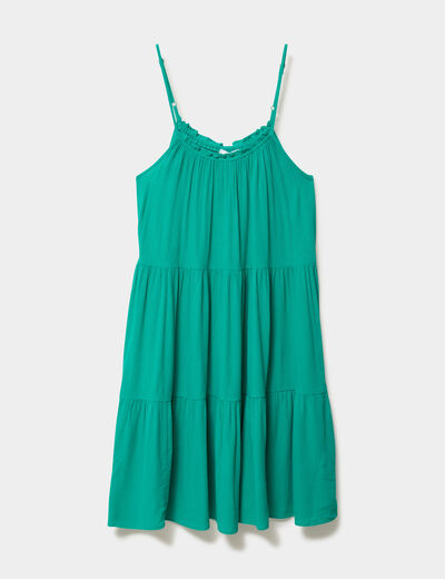 Robe fluide &agrave; volants fines bretelles vert canard femme
