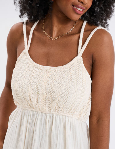 Robe midi buste macramé en gaze de coton creme femme