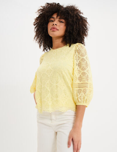 Blouse dentelle manches 3/4 jaune clair femme
