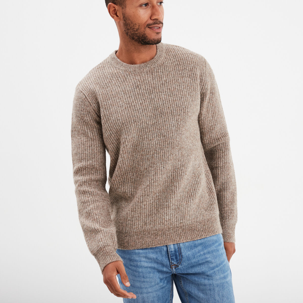 Pull col rond &agrave; manches longues taupe homme