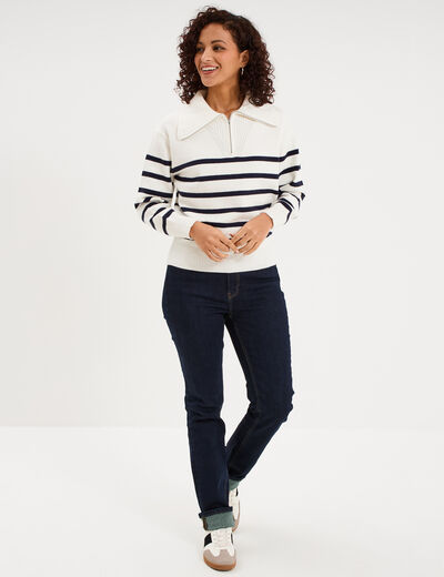 Pull col camionneur zipp&eacute; ecru femme