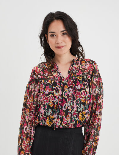 Blouse crêpe col cordons à nouer noir femme