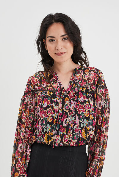 Blouse crêpe col cordons à nouer noir femme