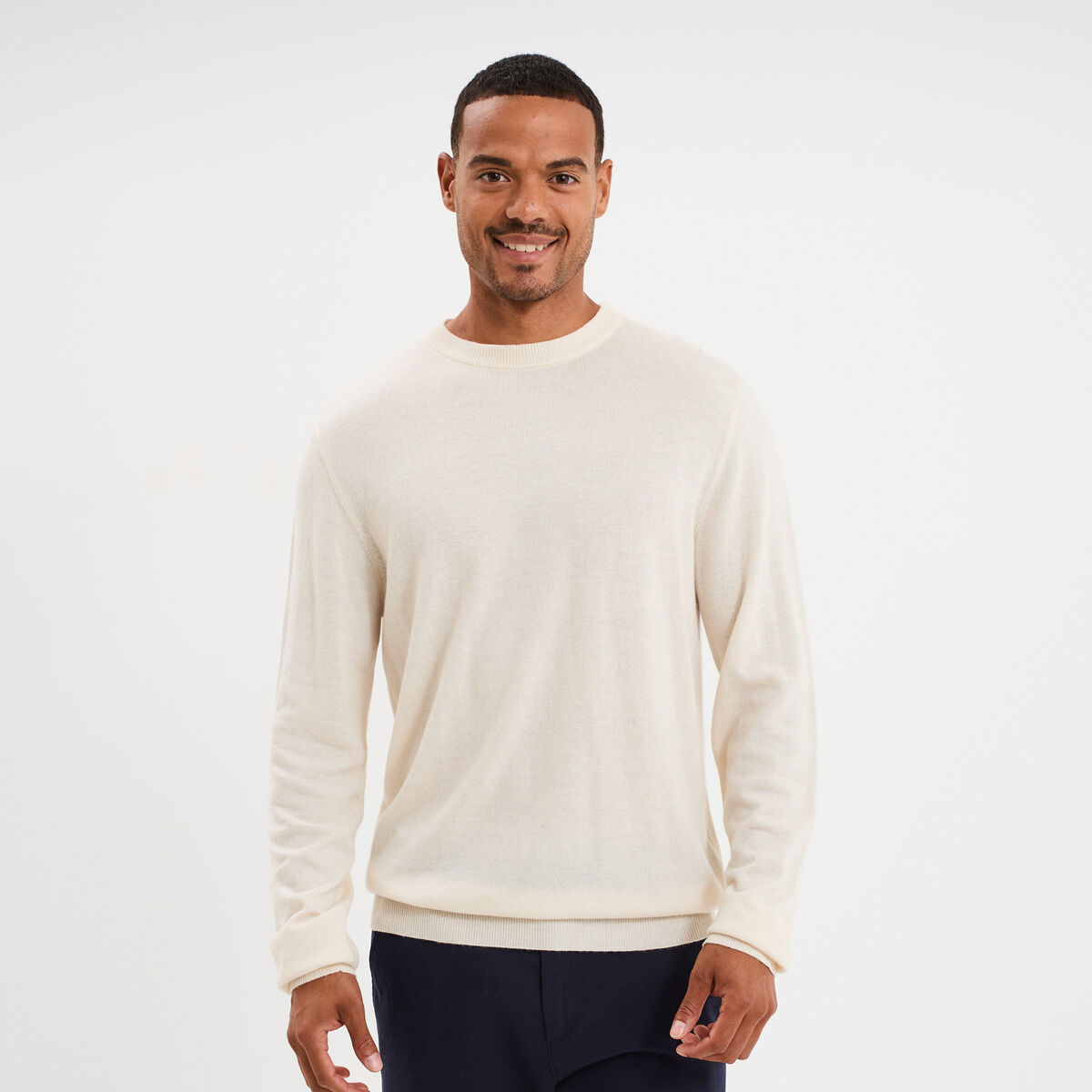 Pull col rond manches longues ecru homme