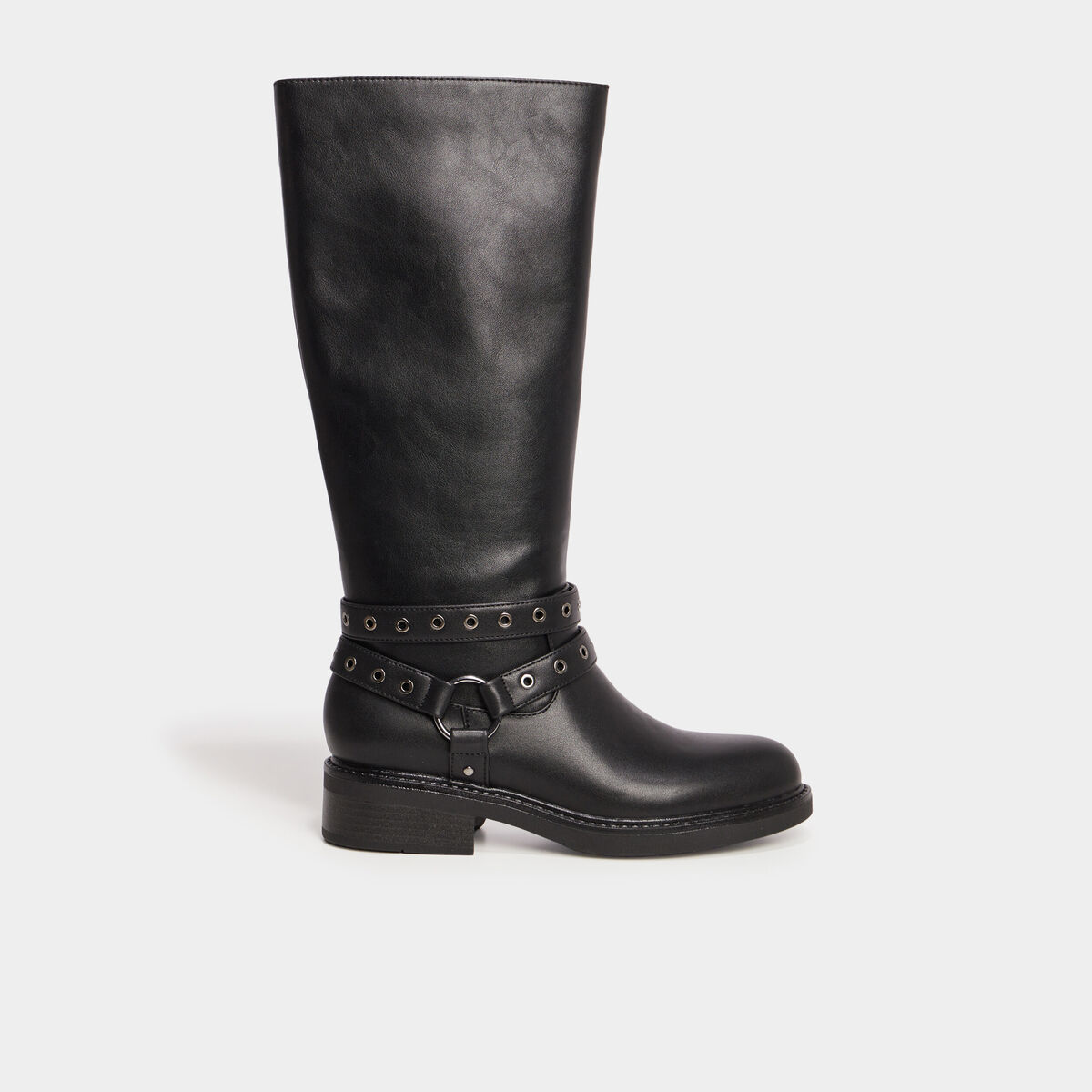 Bottes talons plats brides &agrave; oeillets noir femme