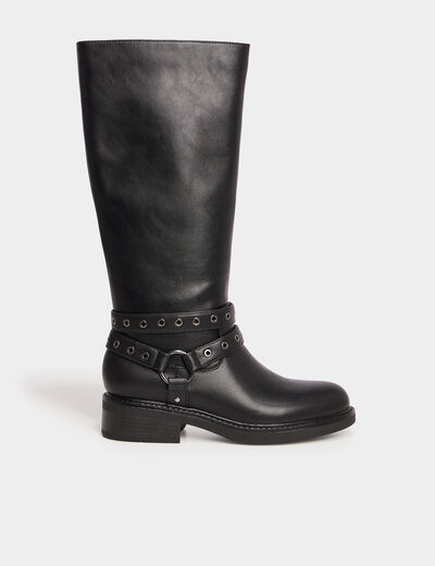 Bottes talons plats brides à oeillets noir femme