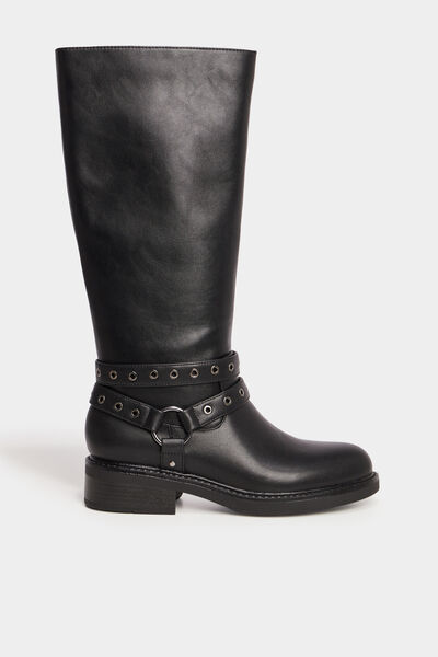 Bottes talons plats brides &agrave; oeillets noir femme