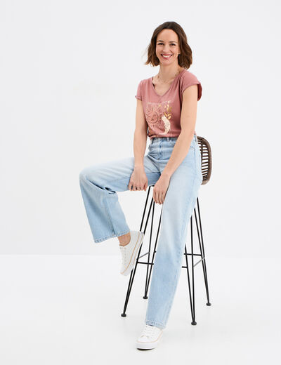 T-shirt coton col en V manches courtes vert clair femme
