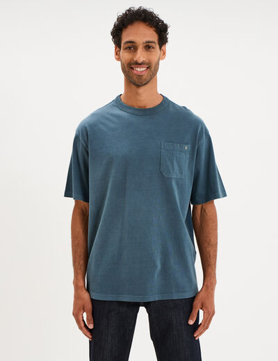 T-shirt droit col rond 1 poche coton vert fonc&eacute; homme