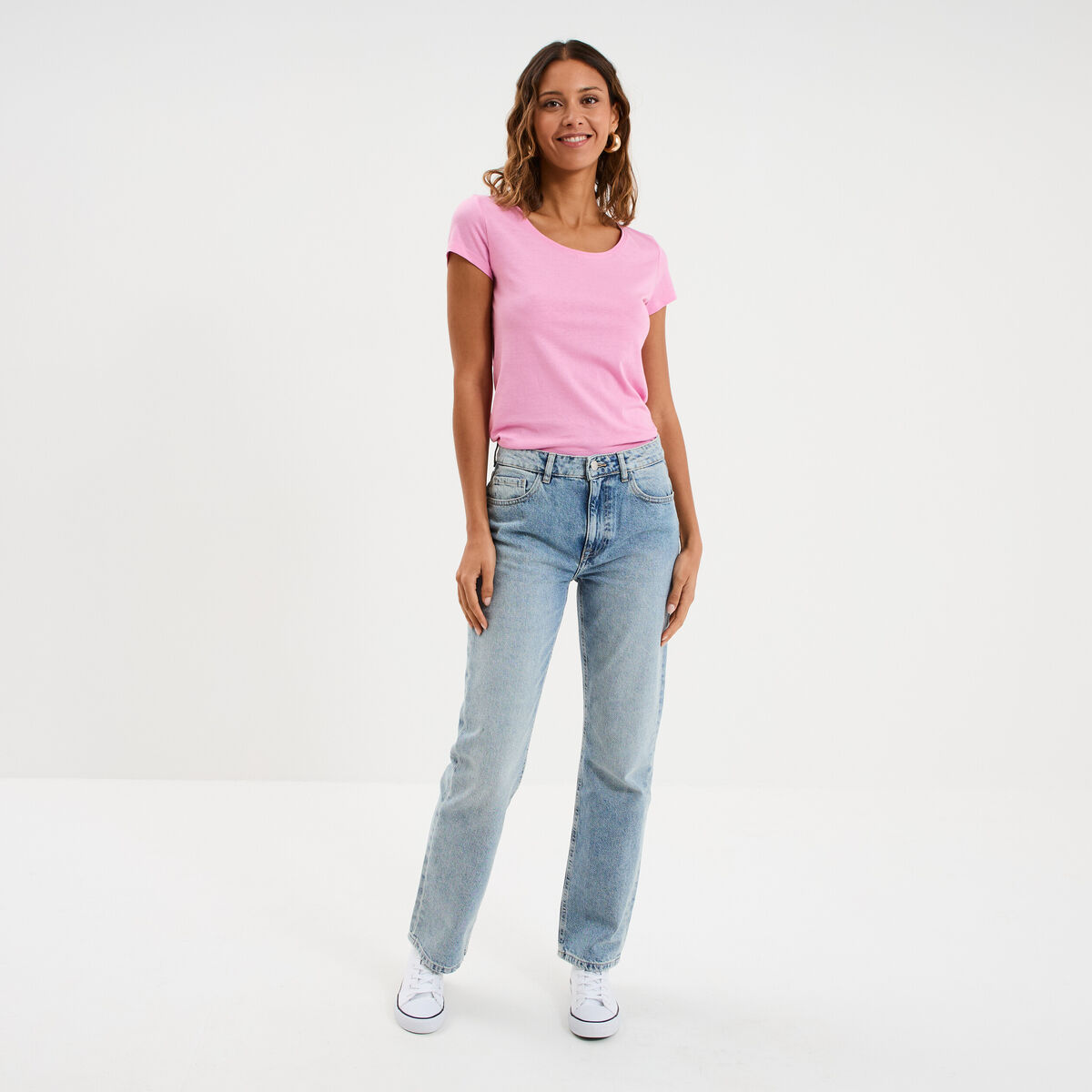 T-shirt coton col rond manches courtes rose femme