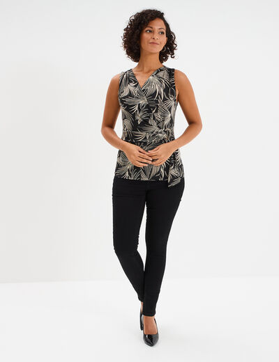 T-shirt sans manches col cache-coeur noir femme
