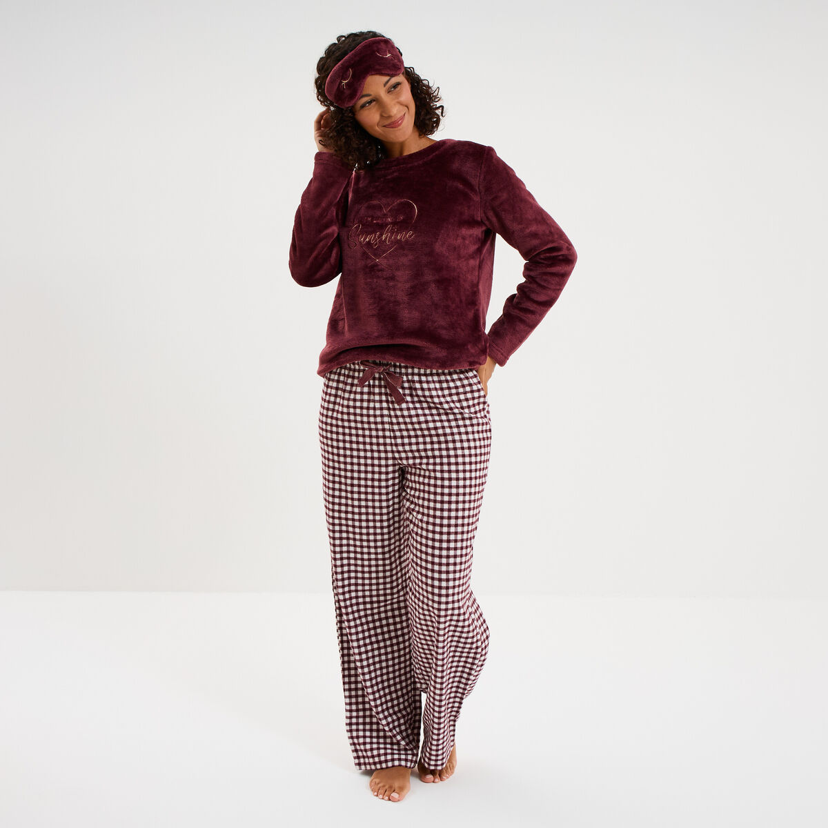 Ensemble pyjama effet polaire 3 pi&egrave;ces bordeaux femme