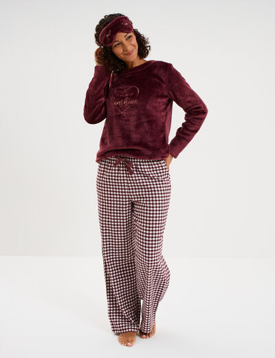 Ensemble pyjama effet polaire 3 pi&egrave;ces bordeaux femme