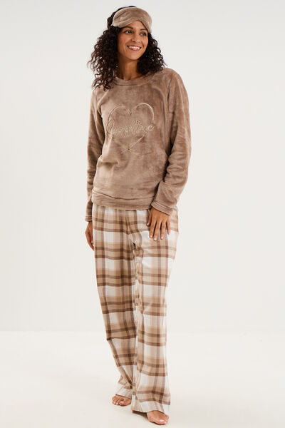Ensemble pyjama effet polaire 3 pi&egrave;ces beige femme