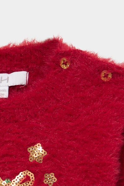 Pull de No&euml;l effet duveteux &agrave; sequins rouge fonc&eacute; b&eacute;b&eacute; fille