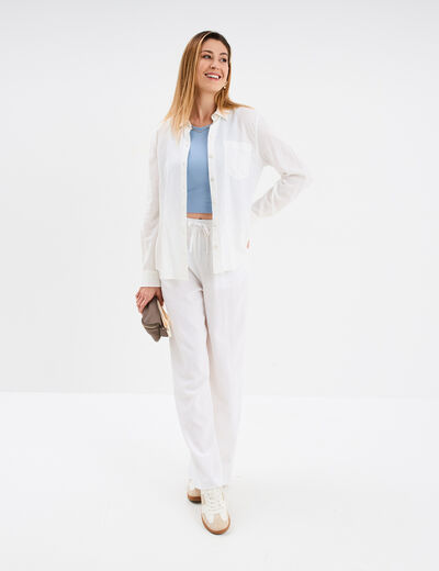 Chemise mélange lin manches longues blanc femme
