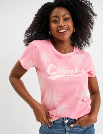 T-shirt droit manches courtes coton rose femme