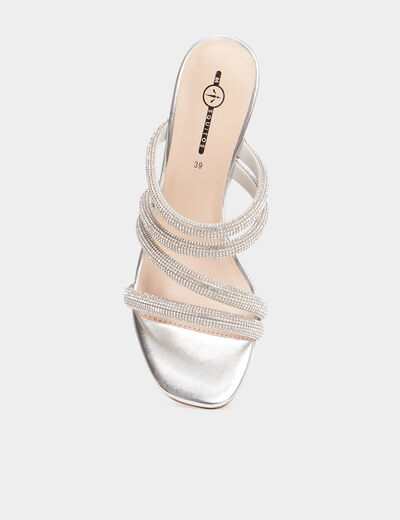 Mules &agrave; talons brides &agrave; strass Mosquitos gris argent femme