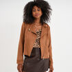 Veste courte esprit biker effet suédine marron clair femme