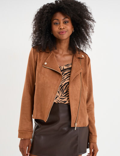 Veste courte esprit biker effet suédine marron clair femme