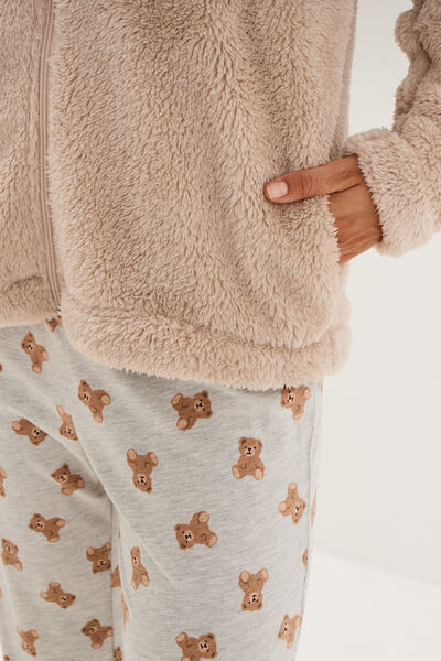 Ensemble pyjama 3 pi&egrave;ces veste polaire ecru femme