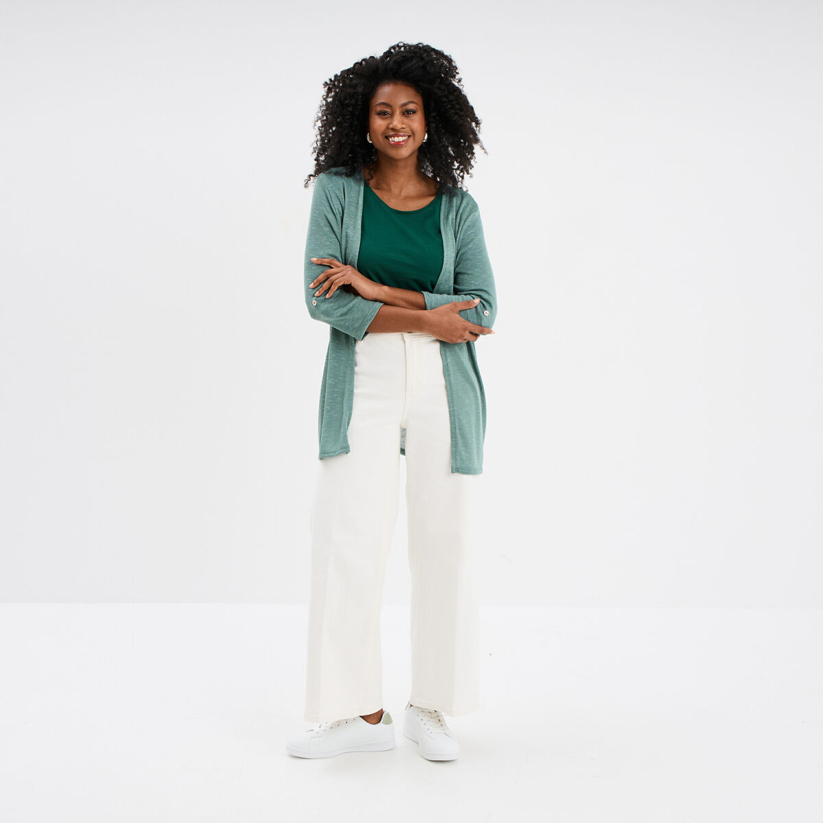 Gilet fin mi long manches 3/4 bleu gris femme