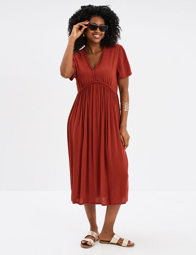 Robe midi fluide manches courtes marron cognac femme