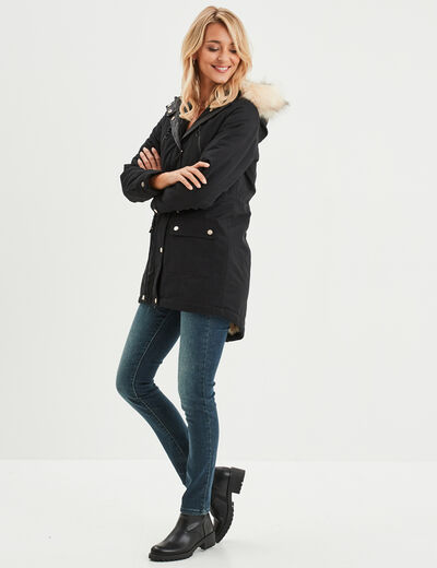 Parka cintrée à capuche fourrée amovible noir femme