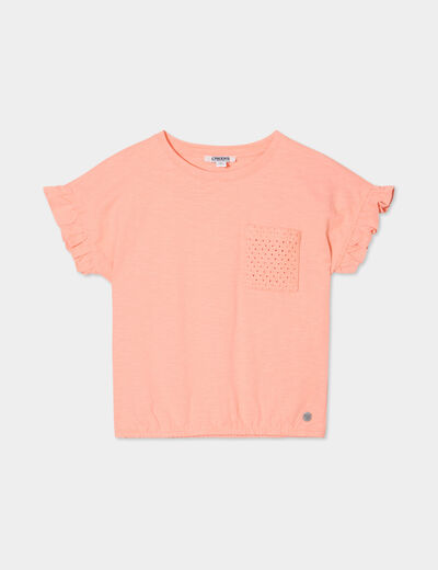 T-shirt poche broderie anglaise coton rose saumon fille