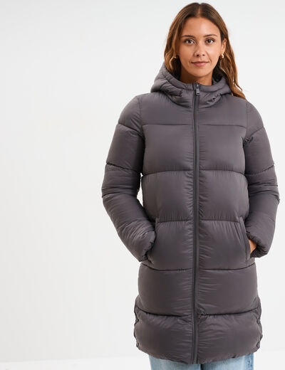Doudoune longue &agrave; capuche gris fonc&eacute; femme